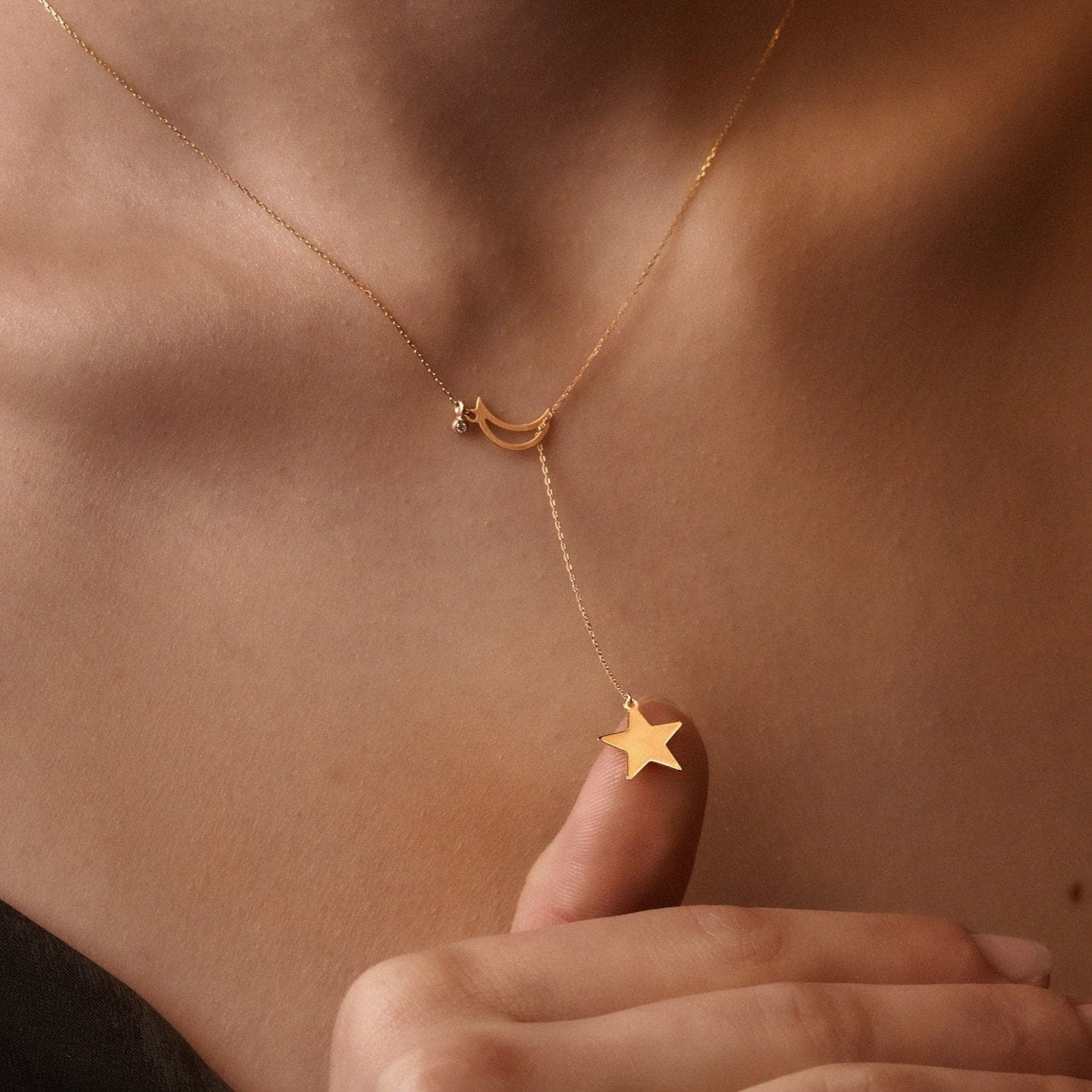 Collier diamant lune étoile Y en or massif 585