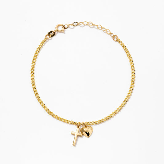 Bracelet à breloques croix et cœur en or massif 585