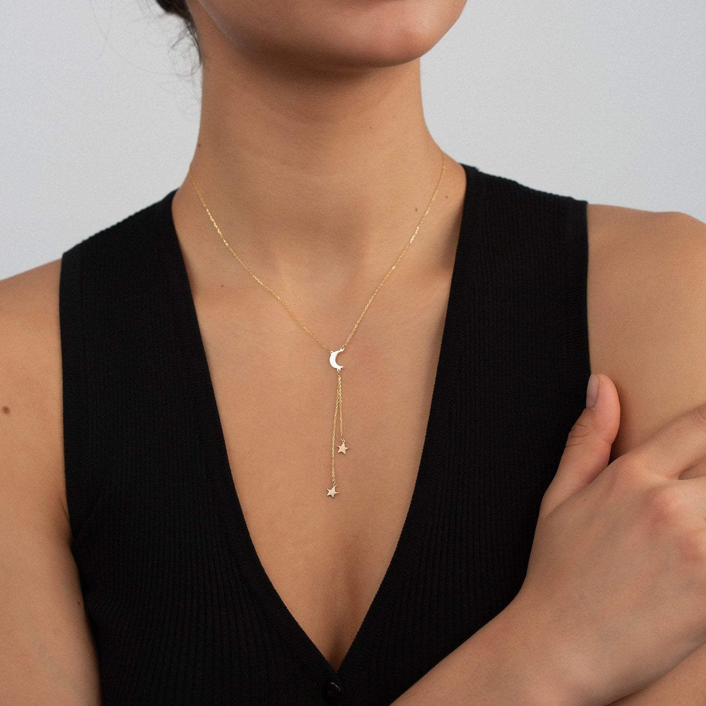 Collier Y croissant de lune et étoiles en or 585