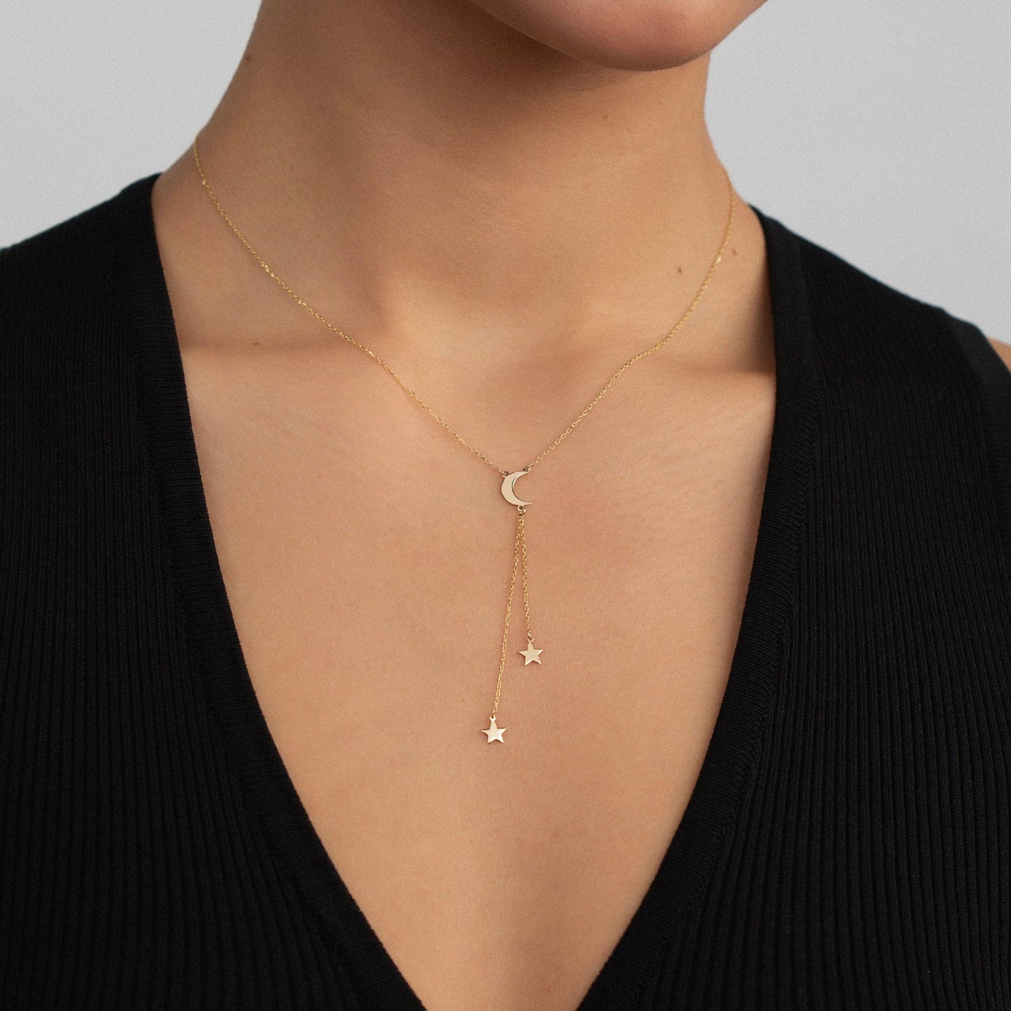 Collier Y croissant de lune et étoiles en or 585