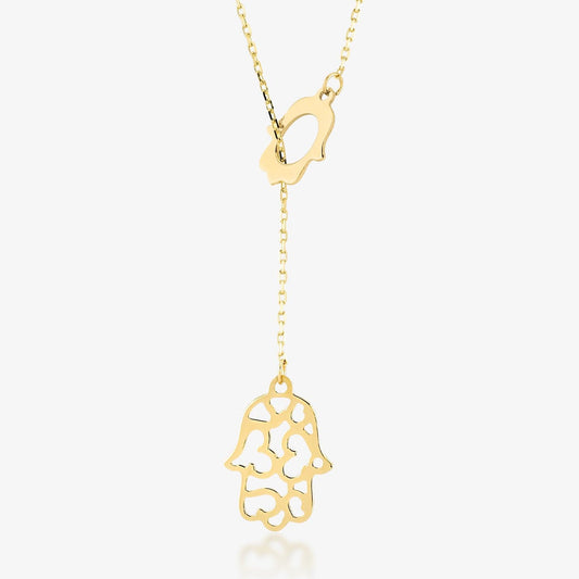 Hamsa Lariat Necklace made of 585 gold