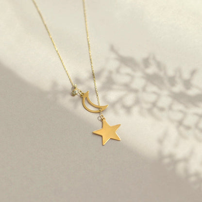 Collier diamant lune étoile Y en or massif 585