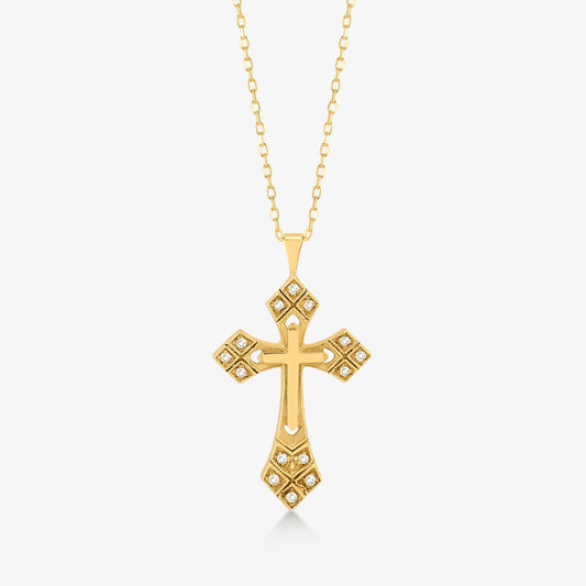 Collier croix gothique en diamants en or massif 585