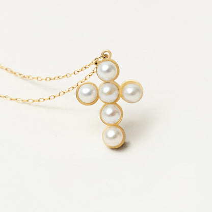 Collier pendentif croix de perles en or 585