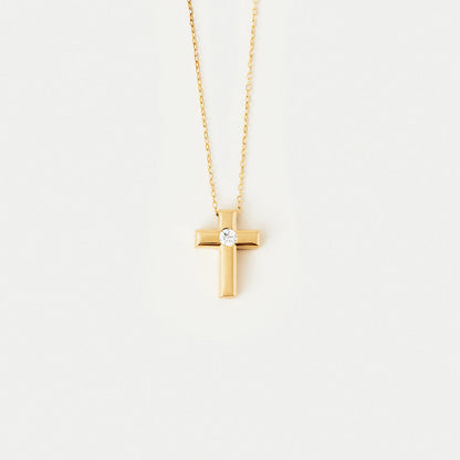Collier solitaire avec croix et diamants en or 585