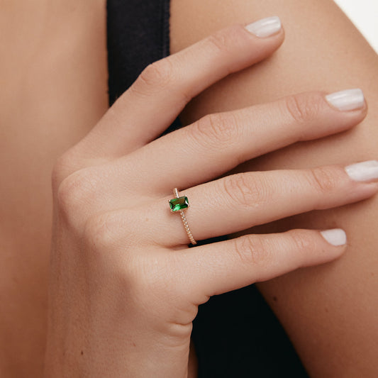 Baguette birthstone stacking ring in 14k gold