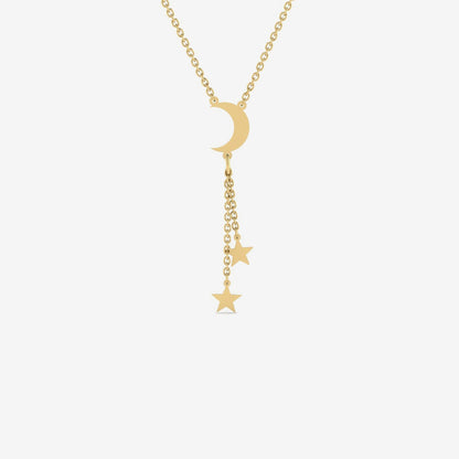 Collier Y croissant de lune et étoiles en or 585