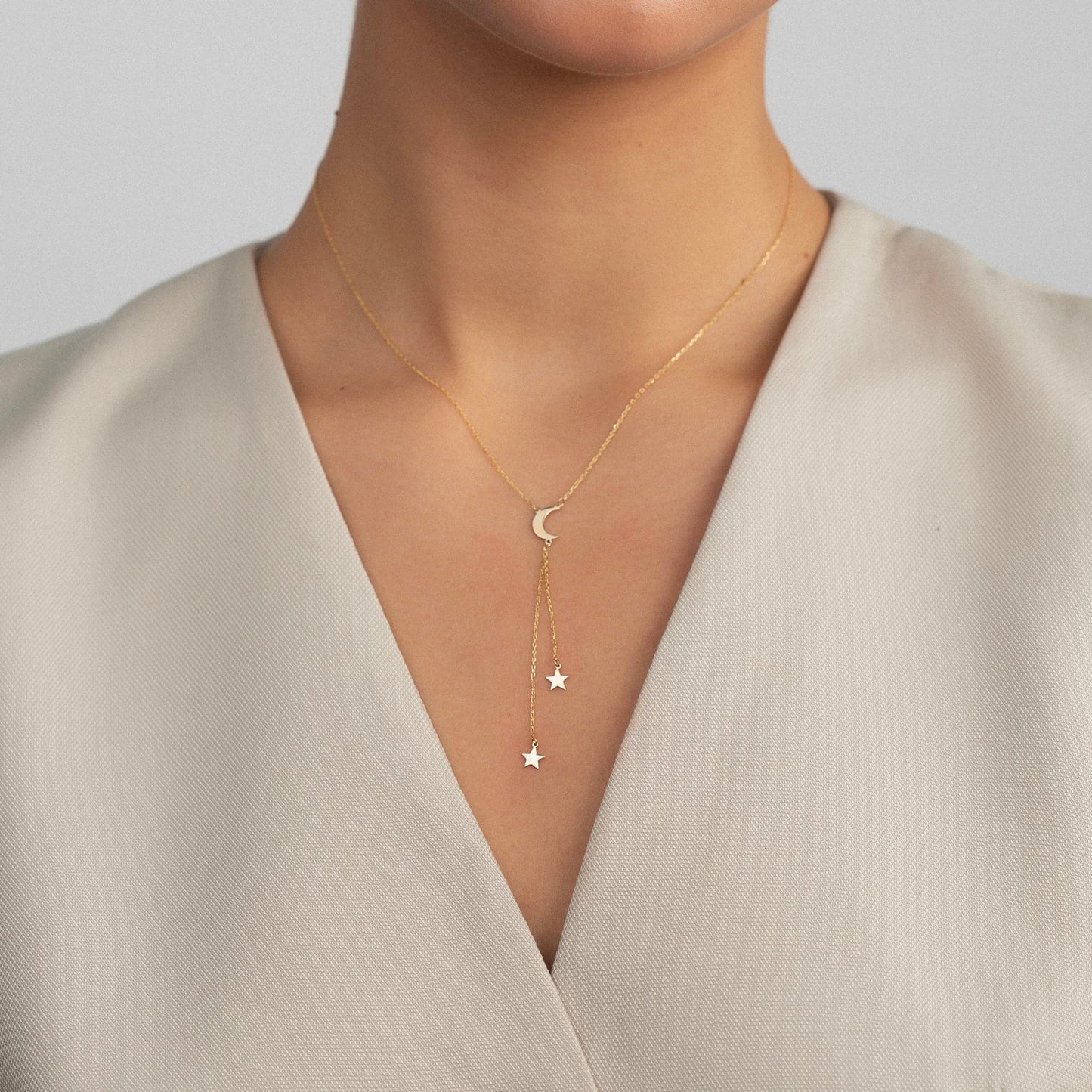 Collier Y croissant de lune et étoiles en or 585