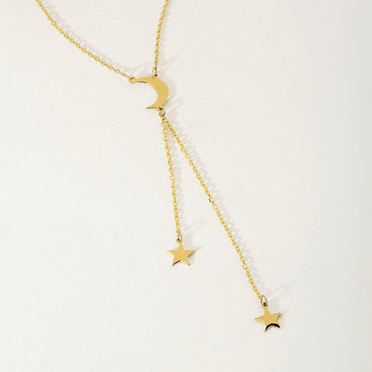 Collier Y croissant de lune et étoiles en or 585